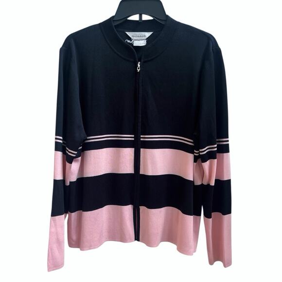 Exclusively MISOOK Sz L Jacket Cardigan Black Pink Acrylic Sweater Full Zip - Picture 1 of 5